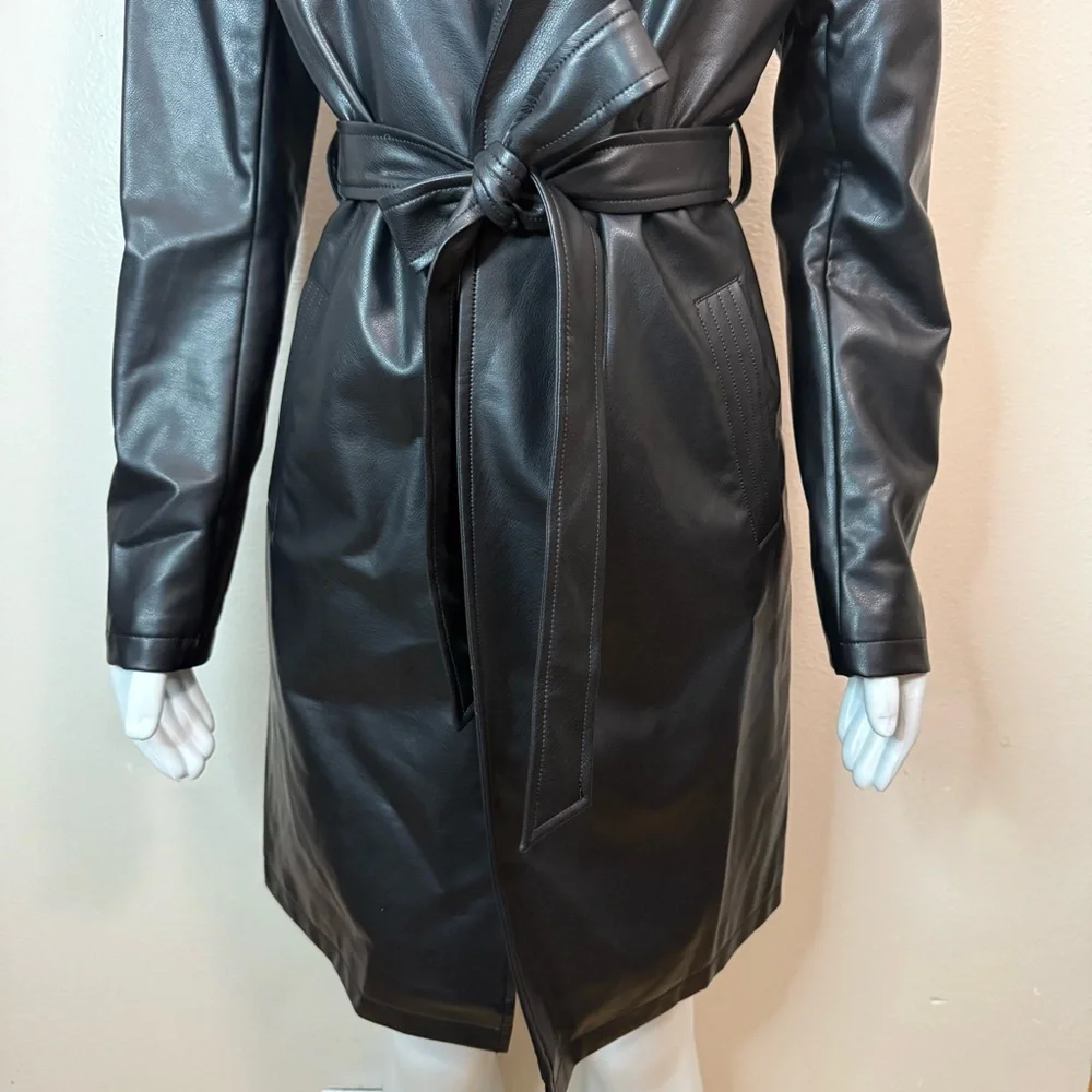 Black faux leather lapel collar belted open front trench coat - Picture 4 of 15